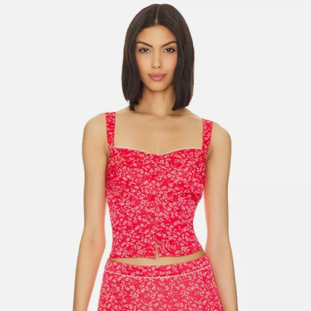 FOR LOVE AND LEMONS CHIANTI RED FLORAL SWEETHEART BUTTON DOWN TOP SIZE S